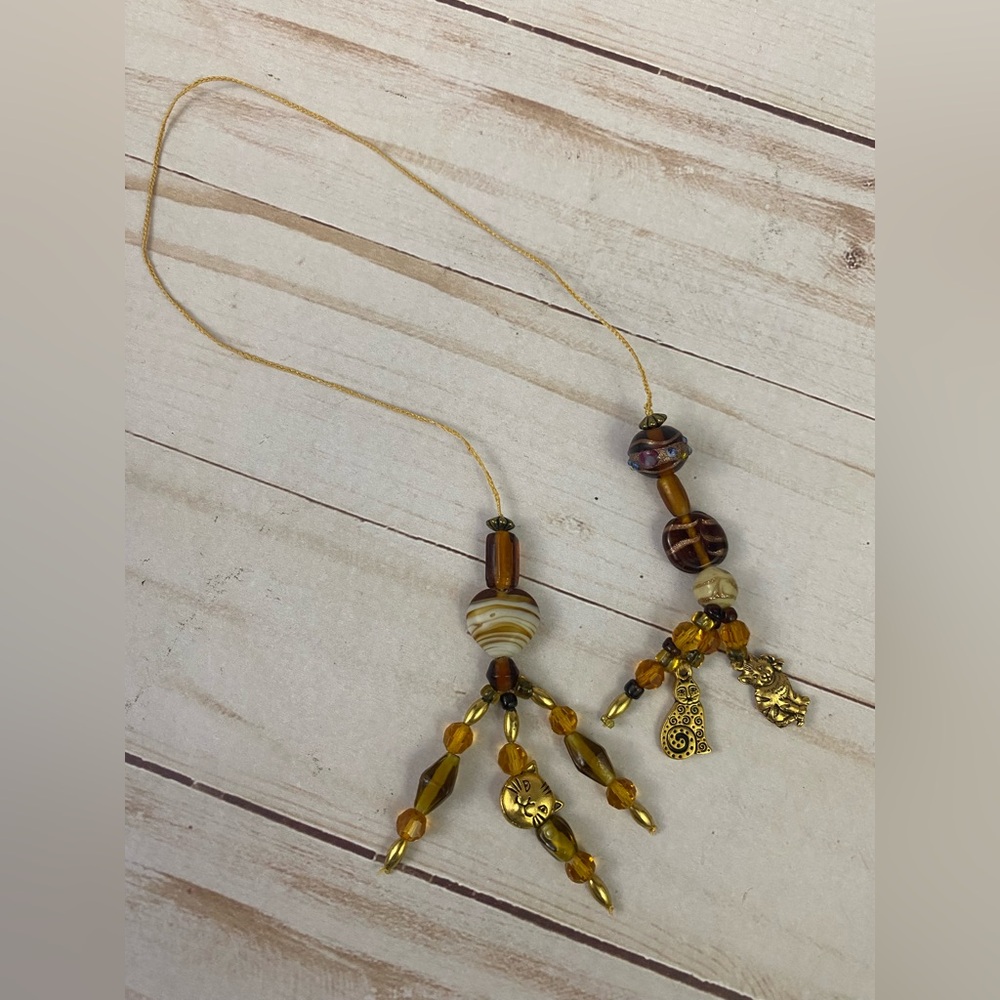 Kitty Cat Thong Bookmark Amber Brown Beaded For Book Or Journal